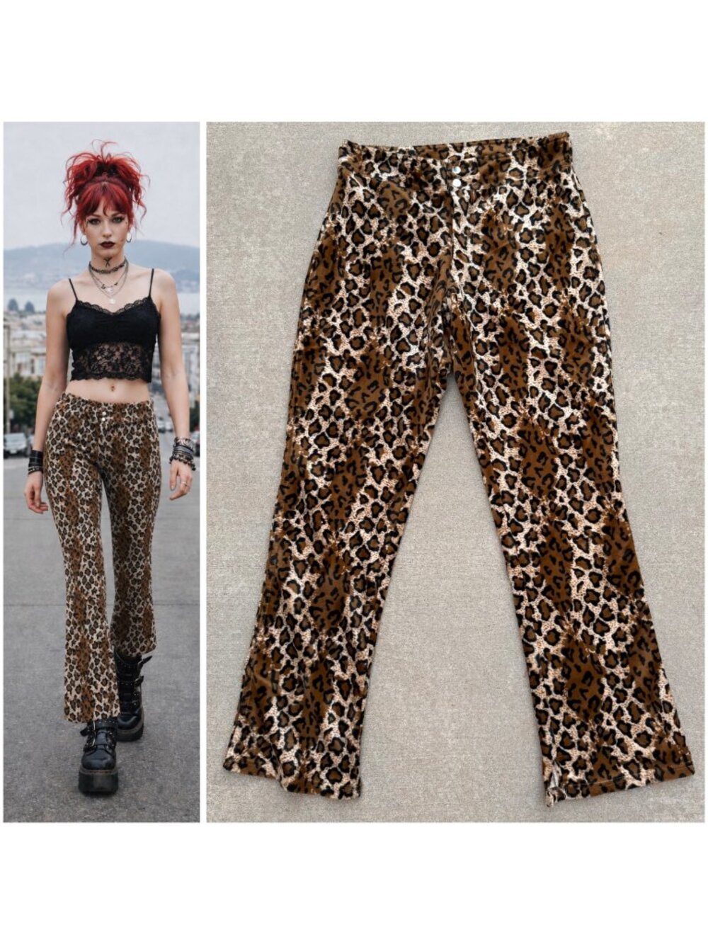 Vintage Mall Goth 90s Y2K Leopard Velvet Flare Pants